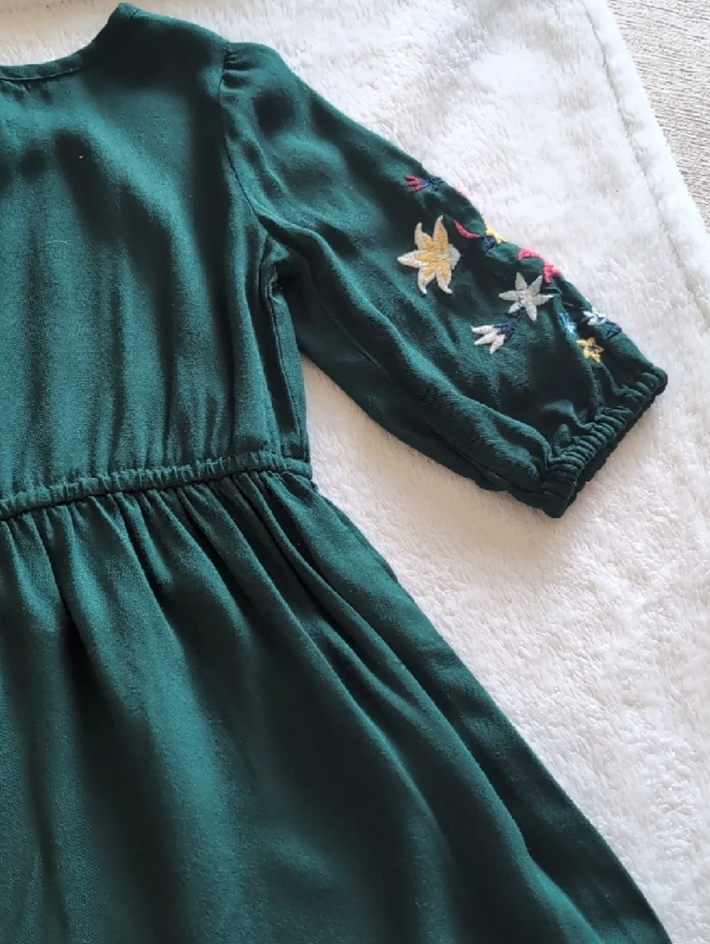 Embroidered Sleeve Dark Green Girls' Casual Dress - Picture 4 of 5